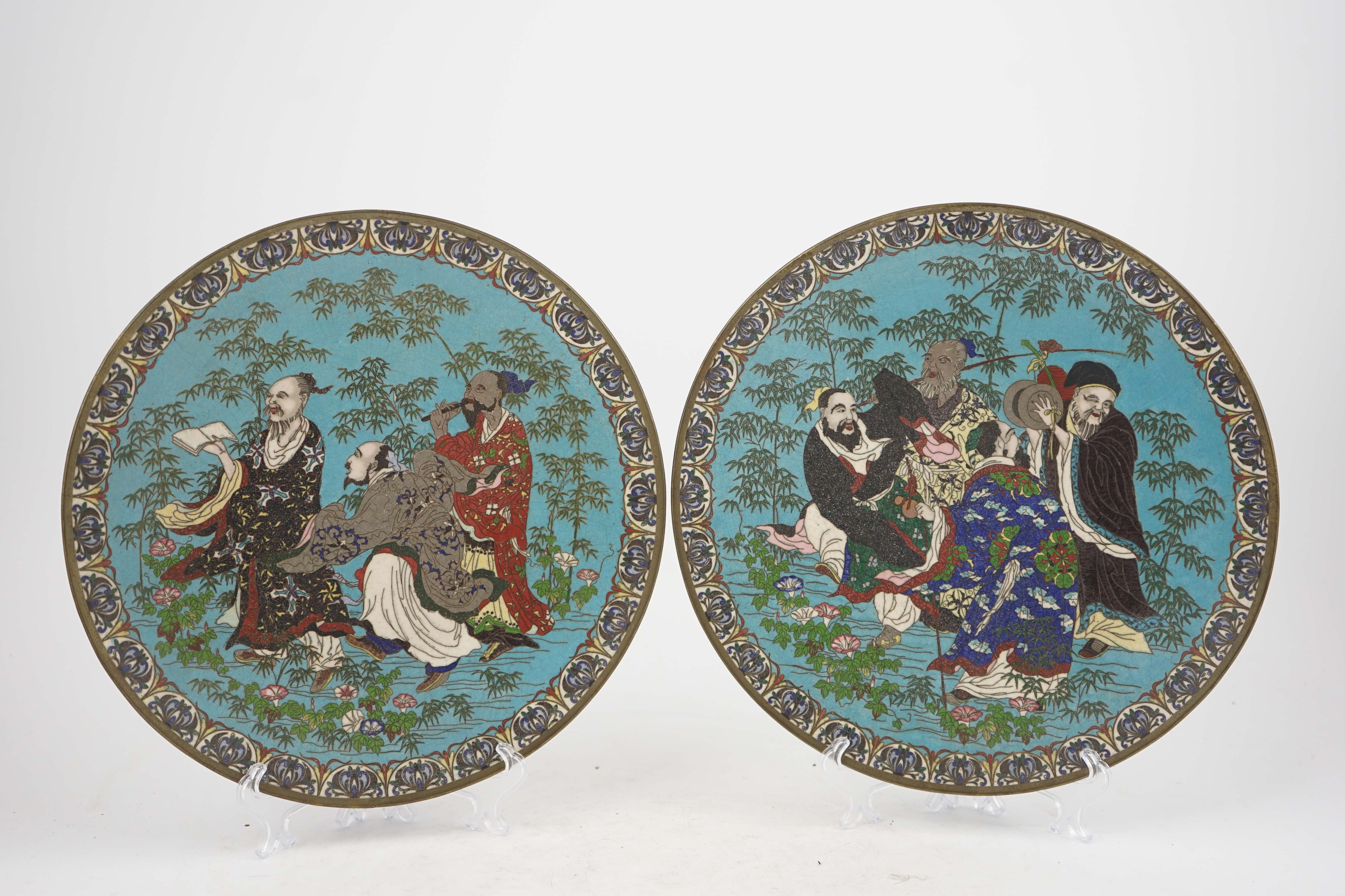 A pair of Japanese cloisonné enamel ‘Seven Sages of the Bamboo Grove’ dishes, Meiji period